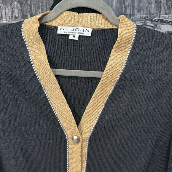 St. John by Marie Gray sweater blazer Gold Trim Silver Black Long Sleeve Medium - Picture 2 of 7
